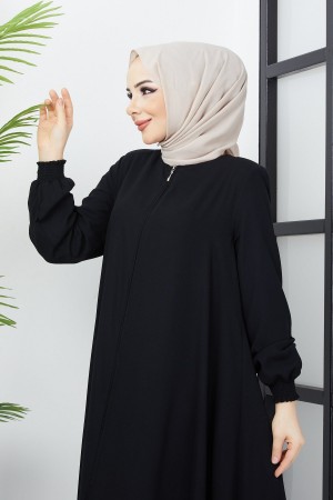 Büyük Beden Kolları Gipe Detaylı Siyah Ferace