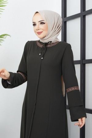 Büyük Beden Nakış İşleme Detaylı Haki Ferace