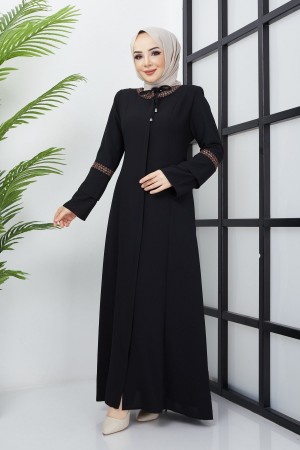 Büyük Beden Nakış İşleme Detaylı Siyah Ferace