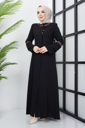 Büyük Beden Nakış İşleme Detaylı Siyah Ferace