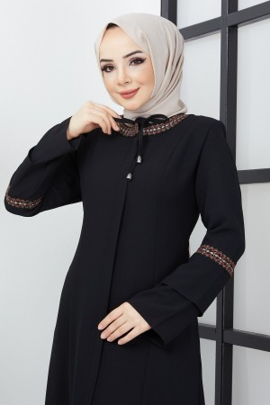 Büyük Beden Nakış İşleme Detaylı Siyah Ferace