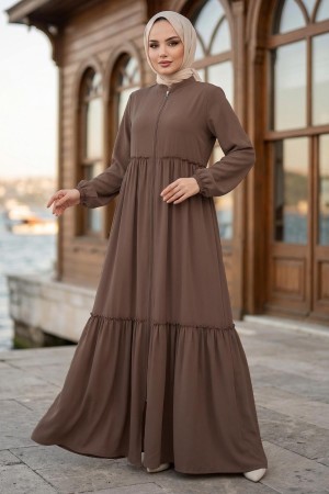 Büzgü Detaylı Ferace Açık Kahve HM2034