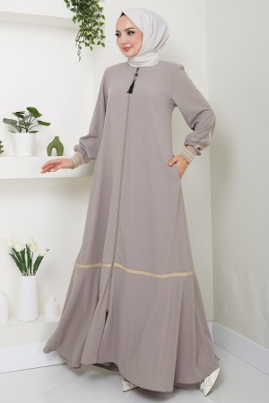 Çizgi Detaylı Bej Rengi Ferace HM2035