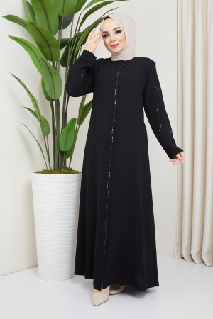 Plus Size Black Abaya with Stone Details