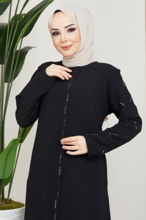 Plus Size Black Abaya with Stone Details