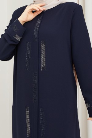Taş Detaylı Büyük Beden Ferace Lacivert