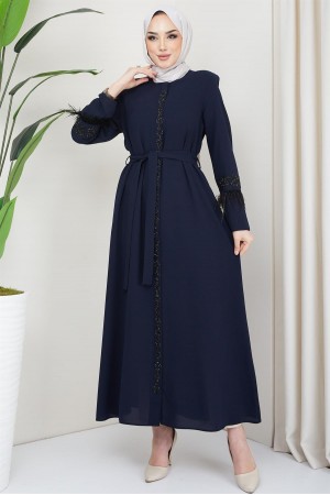Tüy Detaylı Kuşaklı Ferace Lacivert