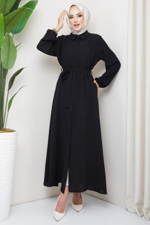Gömlek Yaka Kuşaklı Ferace Siyah HM2253
