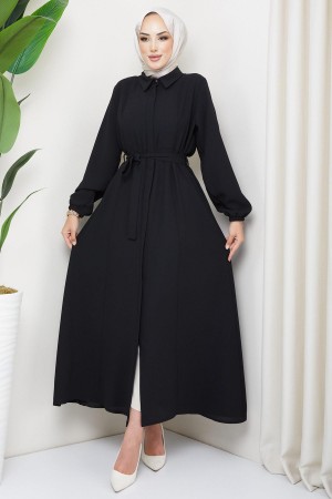 Gömlek Yaka Kuşaklı Ferace Siyah HM2253