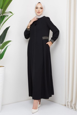 Nakışlı Büyük Beden Ferace Siyah HM2280