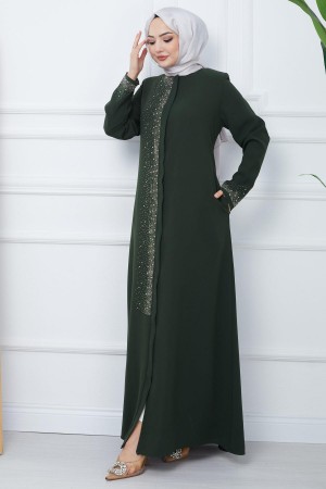 Işıl Taş Detaylı Büyük Beden Ferace Haki HM2351