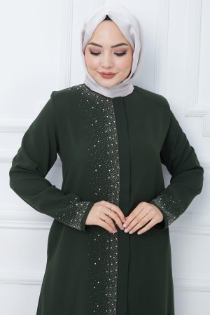Işıl Taş Detaylı Büyük Beden Ferace Haki HM2351