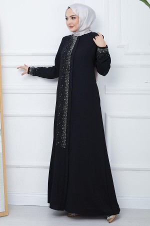 Işıl Taş Detaylı Büyük Beden Ferace Siyah HM2351