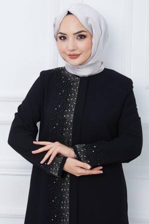 Işıl Taş Detaylı Büyük Beden Ferace Siyah HM2351