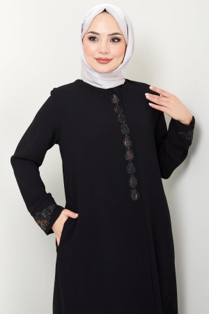 Damla Taş Detaylı Ferace Siyah HM2435