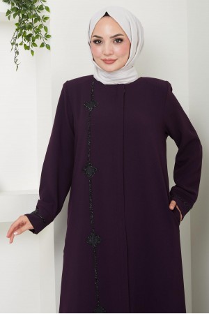 Erva Stone Detailed Abaya, Plum HM2478
