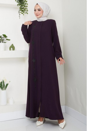 Erva Stone Detailed Abaya, Plum HM2478