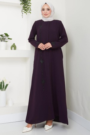 Erva Stone Detailed Abaya, Plum HM2478