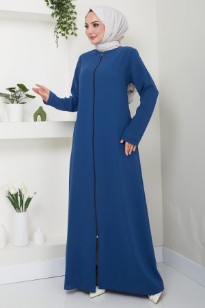 Fermuarlı Büyük Beden Ferace İndigo HM2488