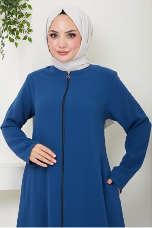 Fermuarlı Büyük Beden Ferace İndigo HM2488