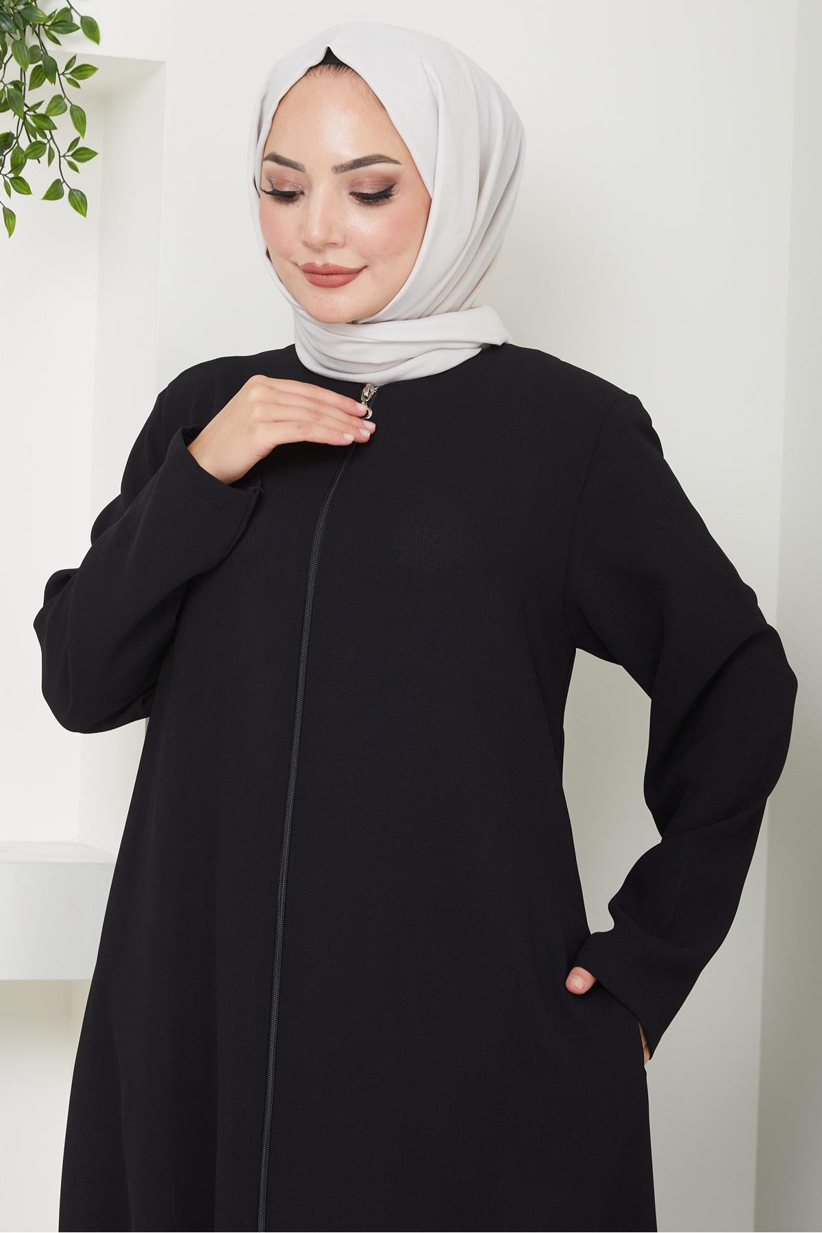 عباية سوداء بسحاب، مقاسات كبيرة، HM2488