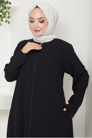 Fermuarlı Büyük Beden Ferace Siyah HM2488