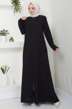 Fermuarlı Büyük Beden Ferace Siyah HM2488