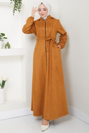 Nervürlü Kapüşonlu Süet Ferace Taba HM2544