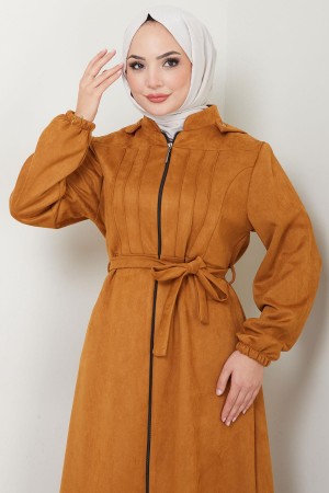 Nervürlü Kapüşonlu Süet Ferace Taba HM2544