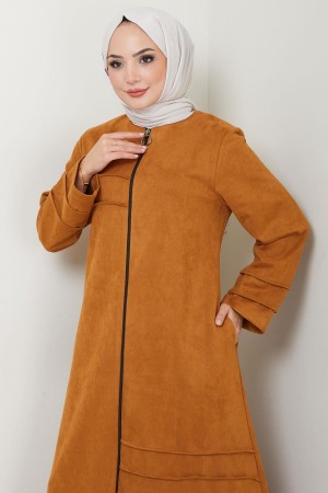 Asimetrik Nervür Detaylı Süet Ferace Taba HM2545