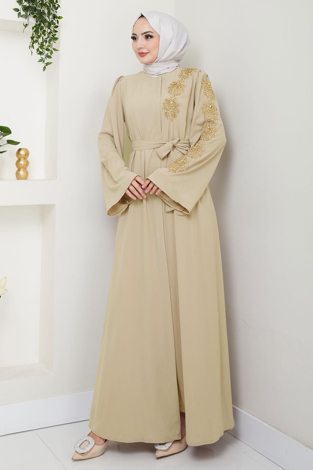 Beige Ferace with Floral Embellishments and Belt HM2713