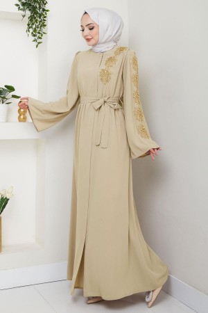 Çiçek Taşlı Kuşaklı Ferace Bej HM2713