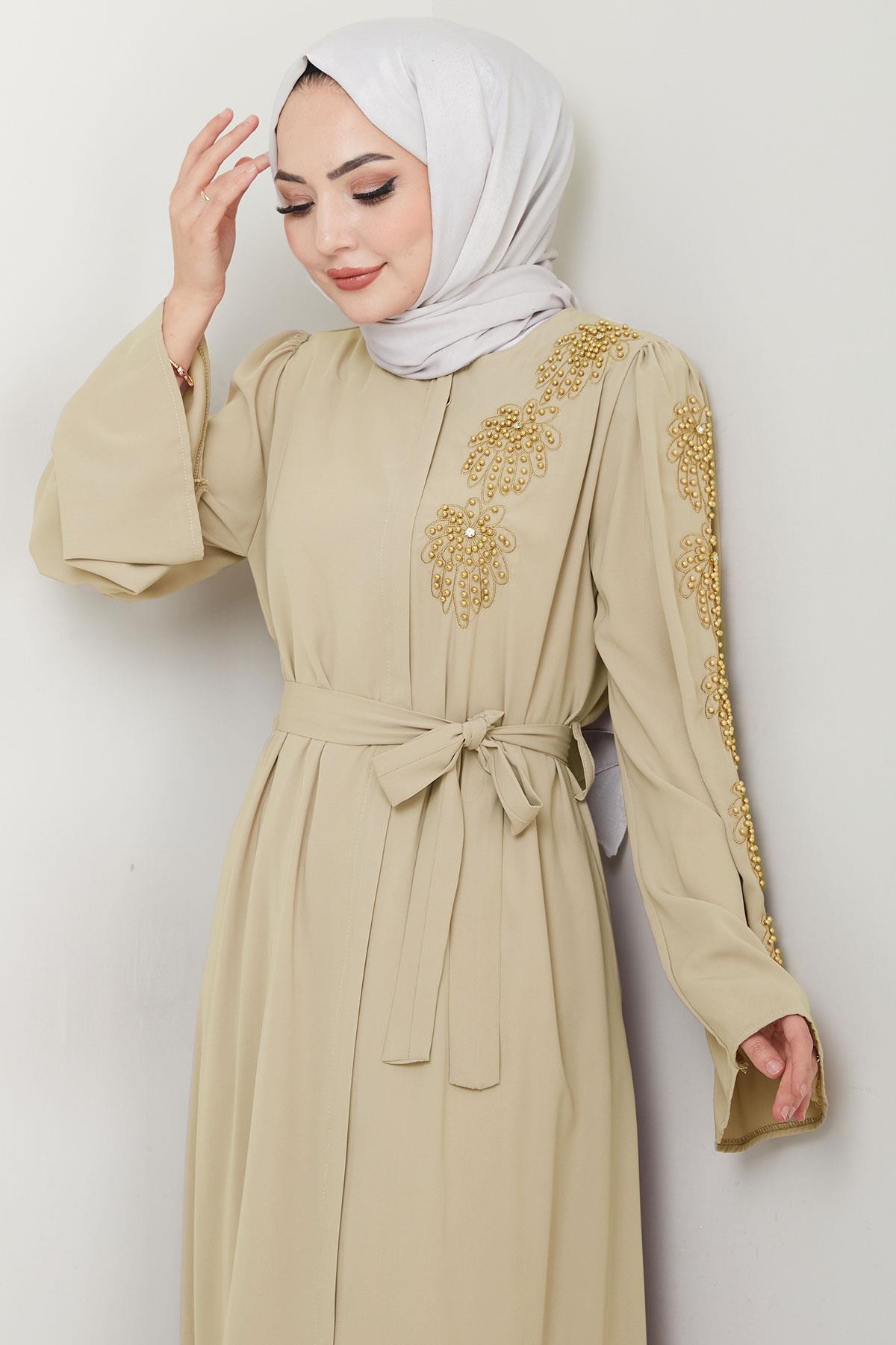 Beige Ferace with Floral Embellishments and Belt HM2713