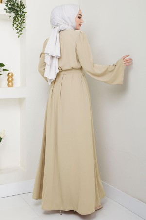 Çiçek Taşlı Kuşaklı Ferace Bej HM2713