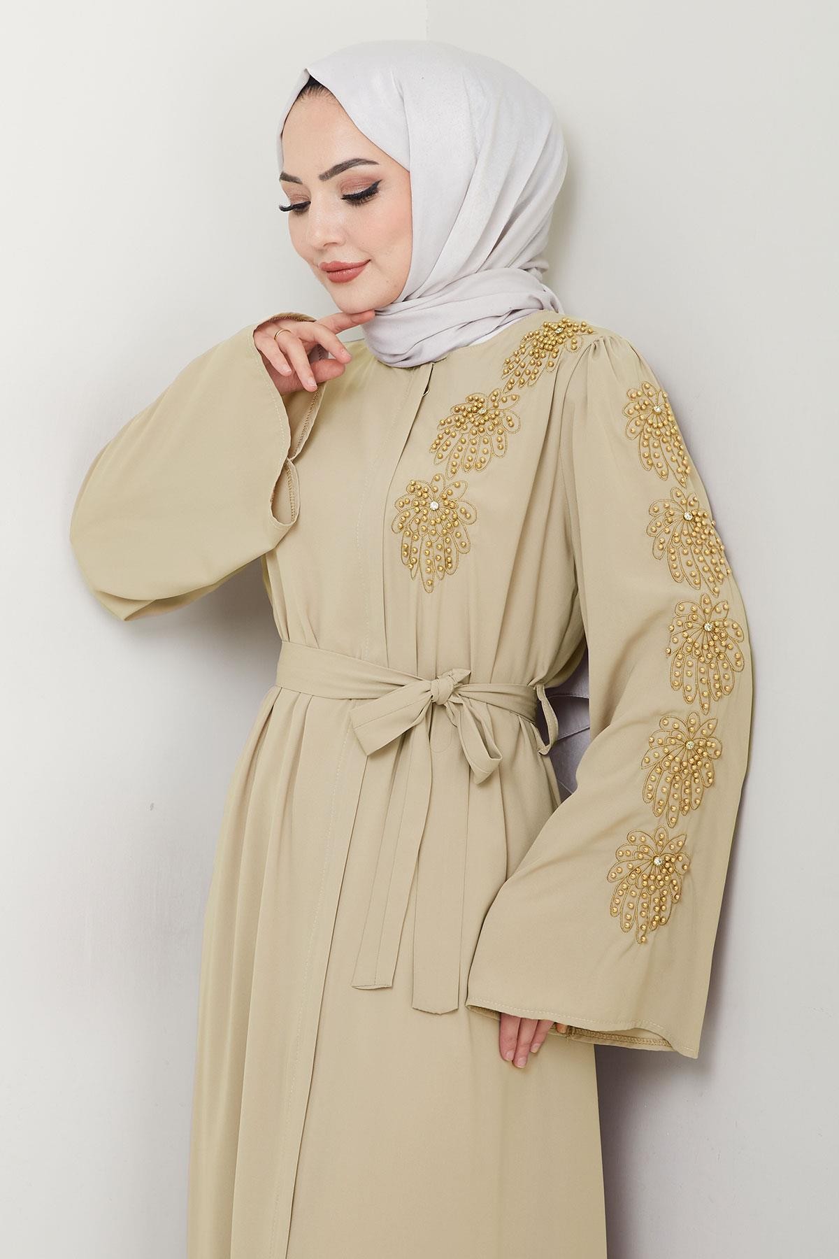 Beige Ferace with Floral Embellishments and Belt HM2713 detay görseli