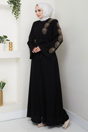 Çiçek Taşlı Kuşaklı Ferace Siyah HM2713