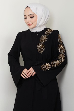 Çiçek Taşlı Kuşaklı Ferace Siyah HM2713