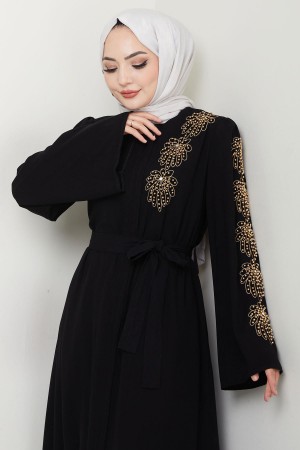 Çiçek Taşlı Kuşaklı Ferace Siyah HM2713