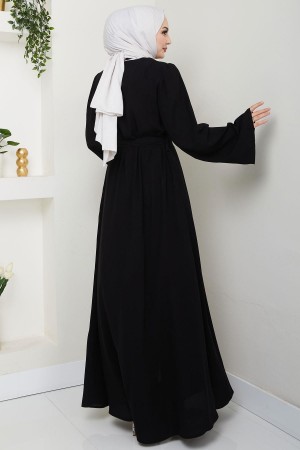 Çiçek Taşlı Kuşaklı Ferace Siyah HM2713