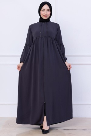 Büzgülü Taşlı Ferace Füme HM2732