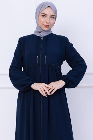 Büzgülü Taşlı Ferace Lacivert HM2732