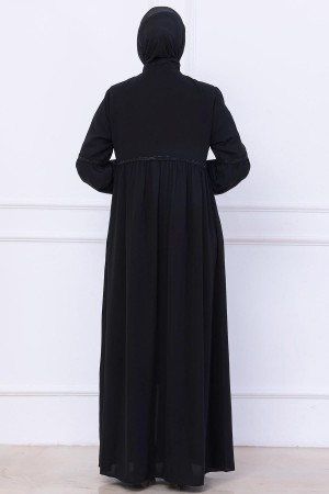 Büzgülü Taşlı Ferace Siyah HM2732