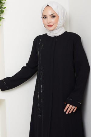 Önü Taşlı Büyük Beden Ferace Siyah HM2800