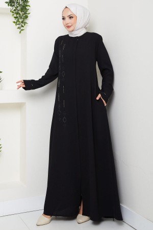Önü Taşlı Büyük Beden Ferace Siyah HM2800