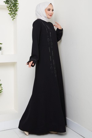 Önü Taşlı Büyük Beden Ferace Siyah HM2800