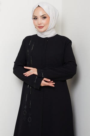 Önü Taşlı Büyük Beden Ferace Siyah HM2800