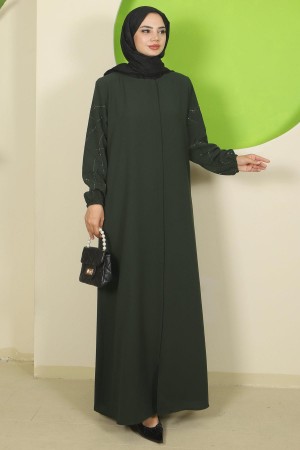 Kolları Taşlı Büyük Beden Ferace Haki HM2801