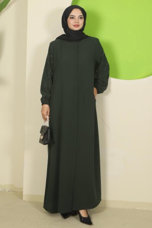 Kolları Taşlı Büyük Beden Ferace Haki HM2801