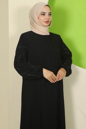 Kolları Taşlı Büyük Beden Ferace Siyah HM2801