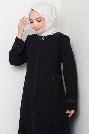 Yakası ve Manşeti Taş Detaylı Ferace Siyah HM2802
